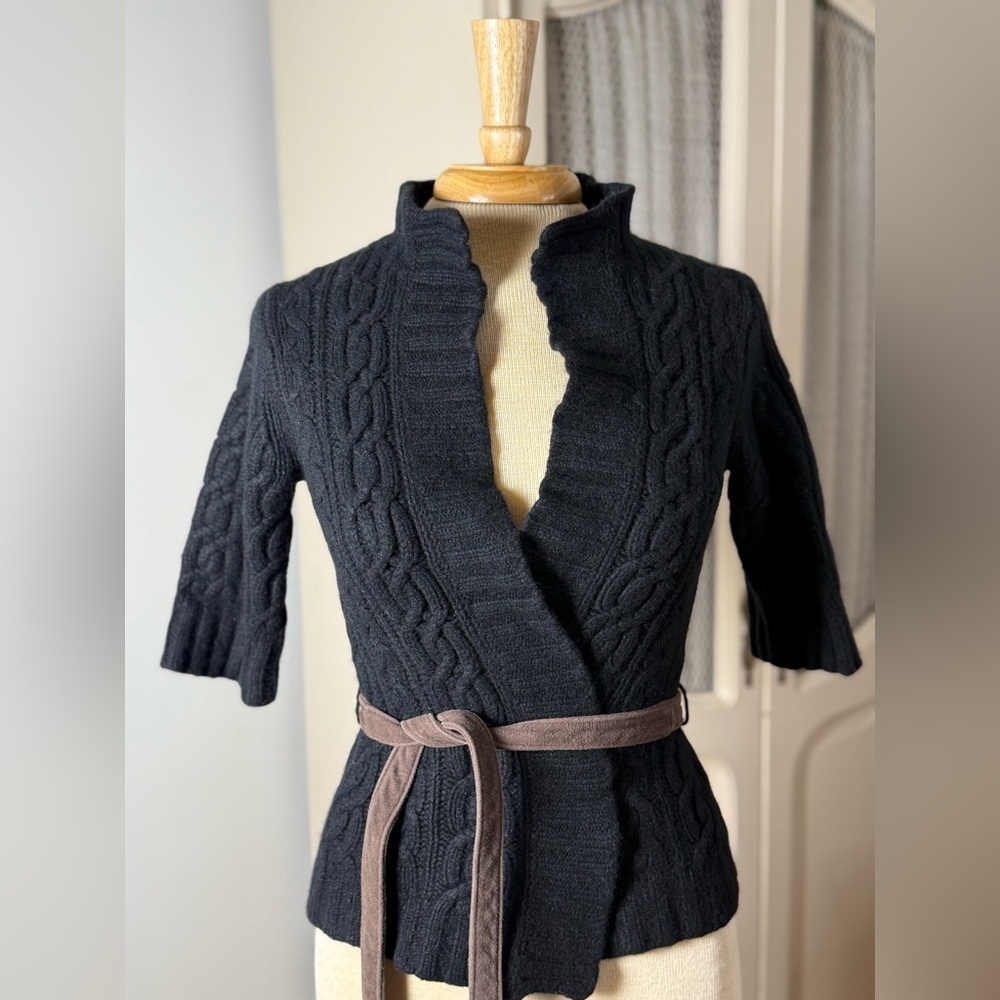 Y2K Theory Cashmere Cable Knit Cropped 3/4 Sleeve Cardigan with Suede Brown Belt